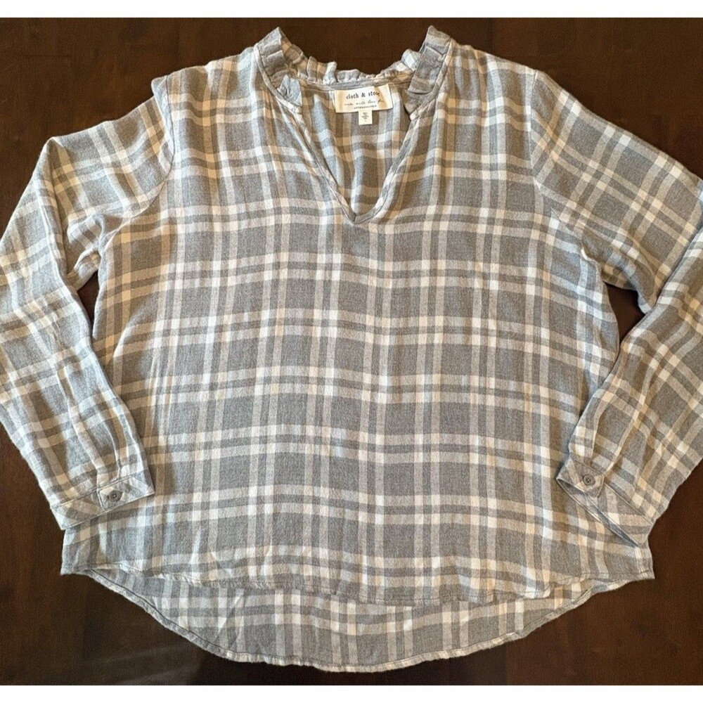 Anthropologie Women's Cloth & Stone Long Sleeve Plaid PopOver Blouse  Large